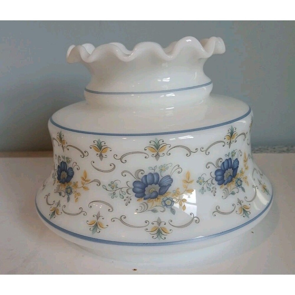 VTG Quoizel Abigail Adams 6”  Blue Floral Milk Glass Lamp Shade Fitter Ruffled